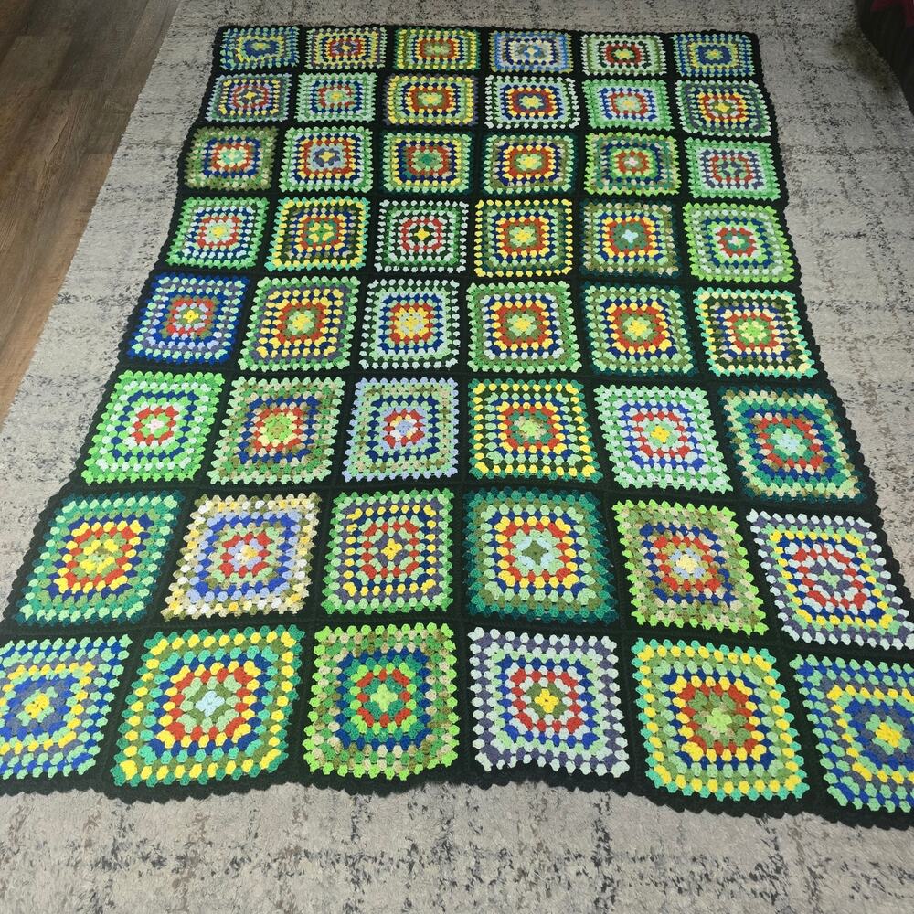 VTG Handmade Crochet Granny Square Afghan Throw Blanket Black Multicolor 88x64